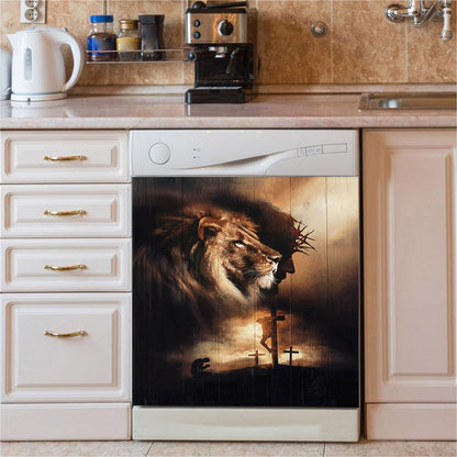 Lion Of Judah Jesus On The Cross Praying With Jesus Dishwasher Cover, Lion Dishwasher Wrap, Christian Kitchen Decoration