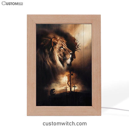 Lion Of Judah Jesus On The Cross Praying With Jesus Frame Lamp - Lion Frame Lamp Print - Christian Art - Religious Home Decor