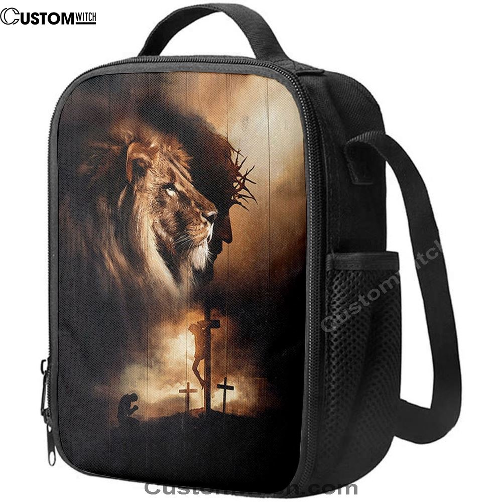 Lion Of Judah Jesus On The Cross Praying With Jesus Lunch Bag - Lion Lunch Bag, Bible Verse Lunch Bag For Men And Women