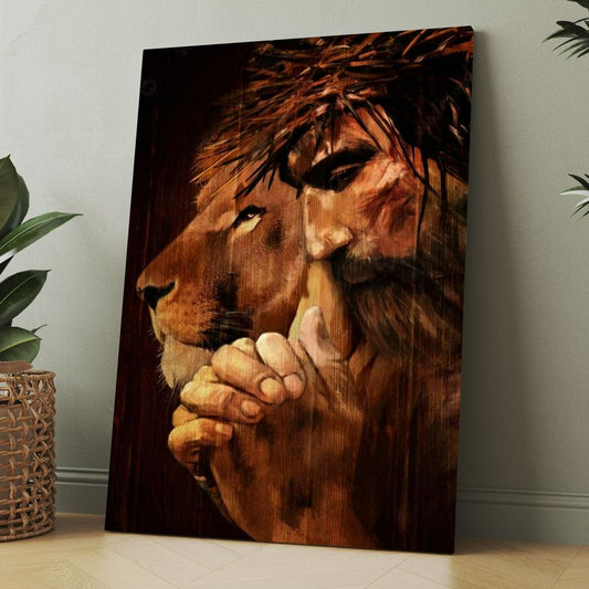 Lion Of Judah Jesus Painting Praying With God Canvas, Christmas Gift for Christian