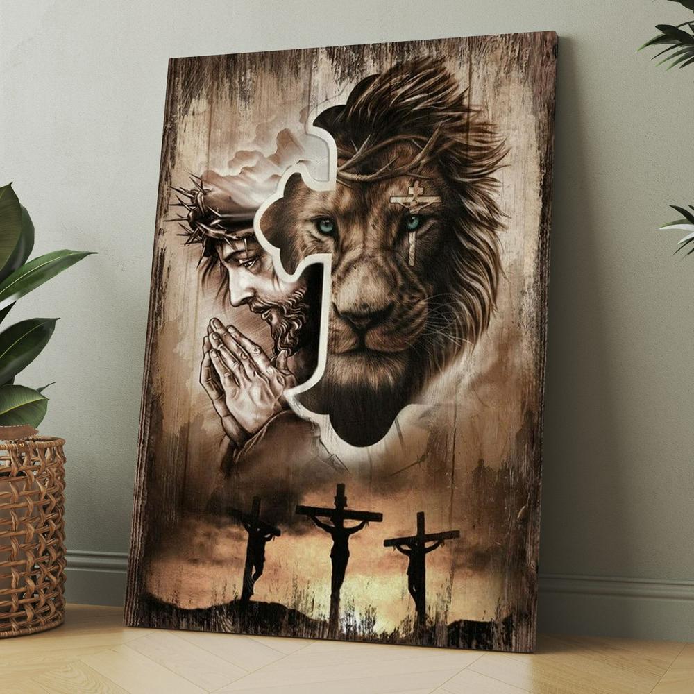 Lion Of Judah, Jesus Praying, Three Wooden Crosses, Sunset Sky Canvas, Christmas Gift for Christian
