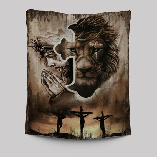 Lion Of Judah, Jesus Praying, Three Wooden Crosses, Sunset Sky Tapestry