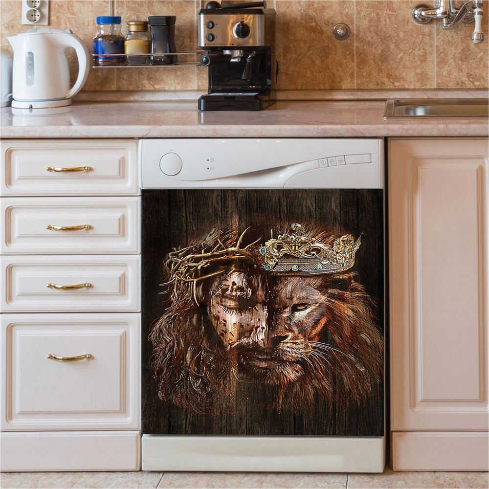 Lion Of Judah Jesus The King Awesome Crowns Dishwasher Cover, Lion Dishwasher Wrap, Christian Kitchen Decoration