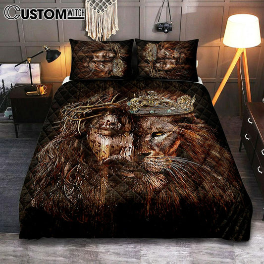 Lion Of Judah Jesus The King Awesome Crowns Quilt Bedding Set - Lion Quilt Bedding Set Print - Christian Bedroom - Religious Home Decor