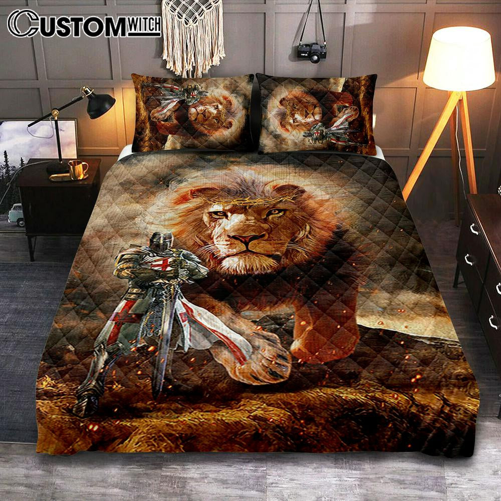 Lion Of Judah Knight Of God Quilt Bedding Set - Lion Quilt Bedding Set Print - Christian Bedroom - Religious Home Decor