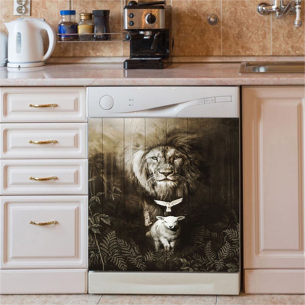 Lion Of Judah Lamb Of God Dove Dishwasher Cover, Lion Dishwasher Wrap, Christian Kitchen Decoration