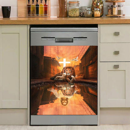 Lion Of Judah Lamb Of God Jesus'S Reflection Light Cross Dishwasher Cover, Lion Dishwasher Wrap, Christian Kitchen Decoration