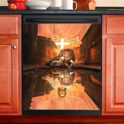 Lion Of Judah Lamb Of God Jesus'S Reflection Light Cross Dishwasher Cover, Lion Dishwasher Wrap, Christian Kitchen Decoration