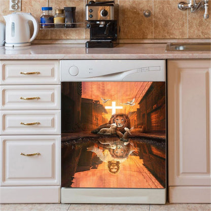 Lion Of Judah Lamb Of God Jesus'S Reflection Light Cross Dishwasher Cover, Lion Dishwasher Wrap, Christian Kitchen Decoration