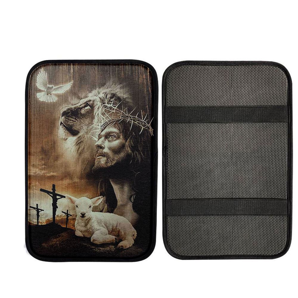 Lion Of Judah Lamb Of God Jesus The Old Rugged Crosses Car Armrest Pad - Lion Car Center Console Cover, Christian Gift Car Armrest Pad