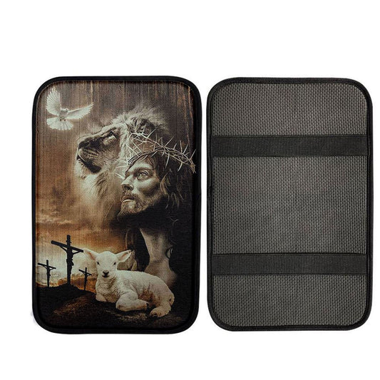 Lion Of Judah Lamb Of God Jesus The Old Rugged Crosses Car Armrest Pad - Lion Car Center Console Cover, Christian Gift Car Armrest Pad