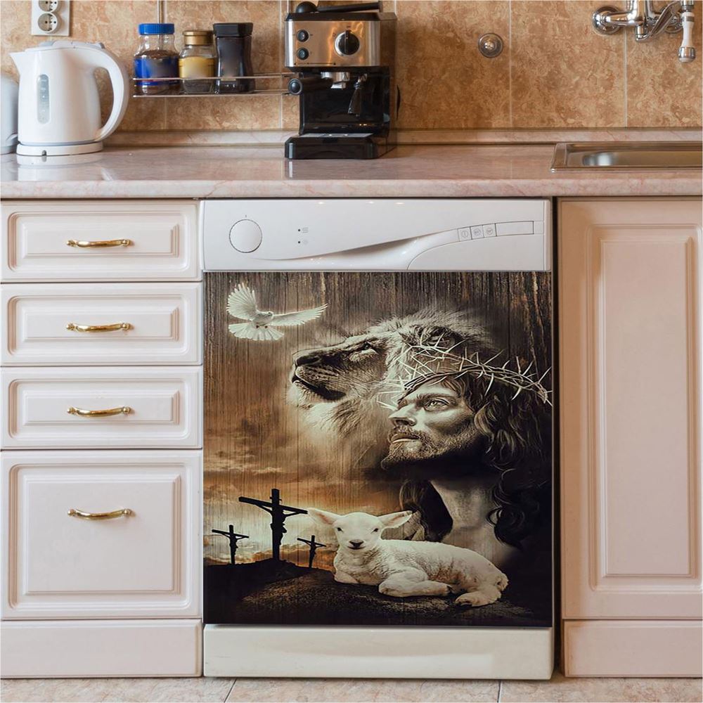 Lion Of Judah Lamb Of God Jesus The Old Rugged Crosses Dishwasher Cover, Lion Dishwasher Wrap, Christian Kitchen Decoration