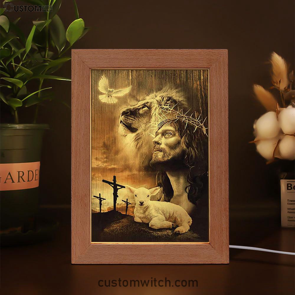 Lion Of Judah Lamb Of God Jesus The Old Rugged Crosses Frame Lamp - Lion Frame Lamp Print - Christian Art - Religious Home Decor