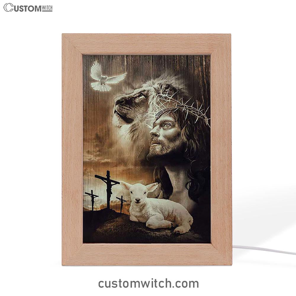 Lion Of Judah Lamb Of God Jesus The Old Rugged Crosses Frame Lamp - Lion Frame Lamp Print - Christian Art - Religious Home Decor