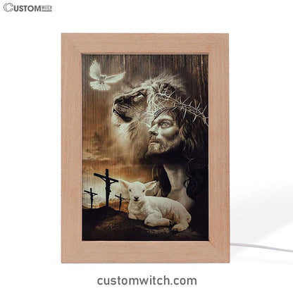 Lion Of Judah Lamb Of God Jesus The Old Rugged Crosses Frame Lamp - Lion Frame Lamp Print - Christian Art - Religious Home Decor