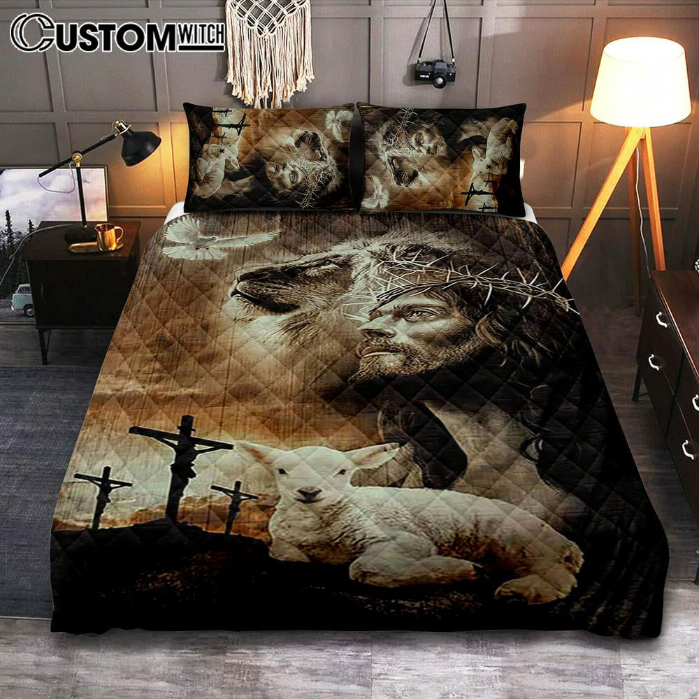 Lion Of Judah Lamb Of God Jesus The Old Rugged Crosses Quilt Bedding Set - Lion Quilt Bedding Set Print - Christian Bedroom - Religious Home Decor