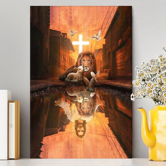Lion Of Judah Lamb Of God Jesus's Reflection Light Cross Canvas - Lion Canvas Print - Christian Wall Art - Religious Home Decor