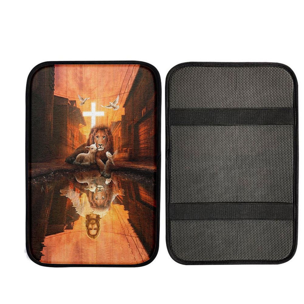 Lion Of Judah Lamb Of God Jesus's Reflection Light Cross Car Armrest Pad - Lion Car Center Console Cover, Christian Gift Car Armrest Pad