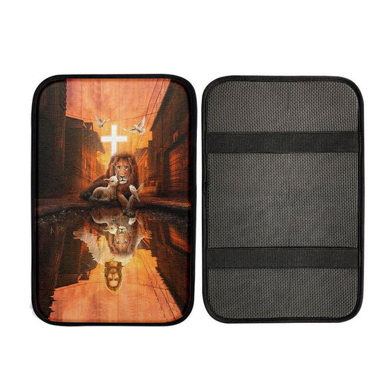 Lion Of Judah Lamb Of God Jesus's Reflection Light Cross Car Armrest Pad - Lion Car Center Console Cover, Christian Gift Car Armrest Pad