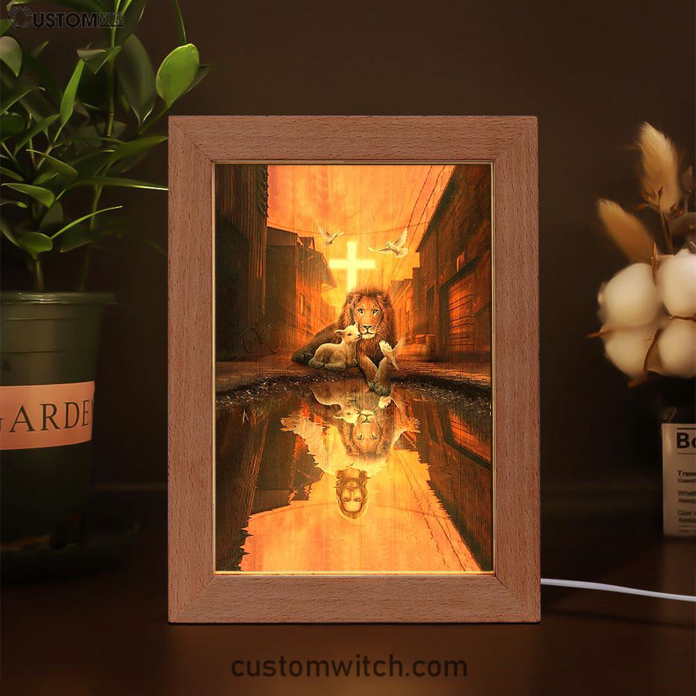 Lion Of Judah Lamb Of God Jesus's Reflection Light Cross Frame Lamp - Lion Frame Lamp Print - Christian Art - Religious Home Decor