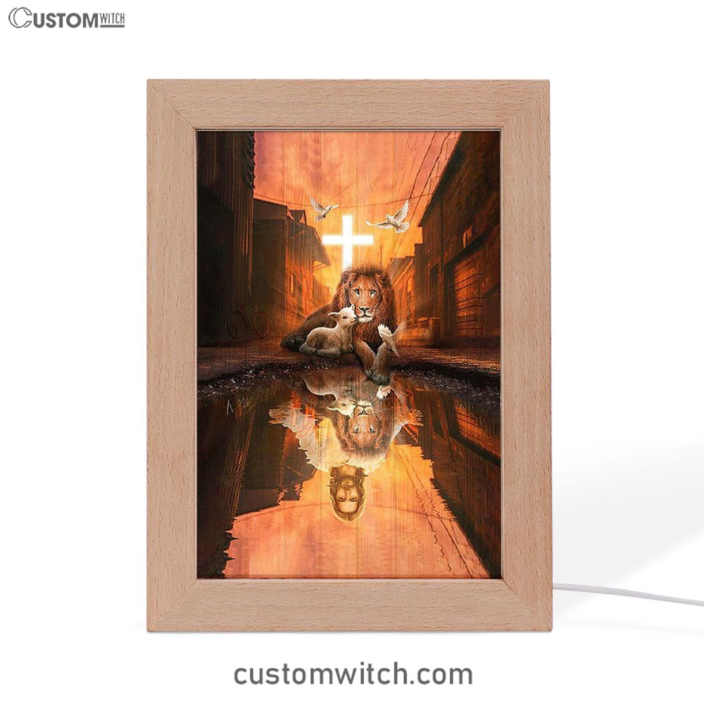 Lion Of Judah Lamb Of God Jesus's Reflection Light Cross Frame Lamp - Lion Frame Lamp Print - Christian Art - Religious Home Decor