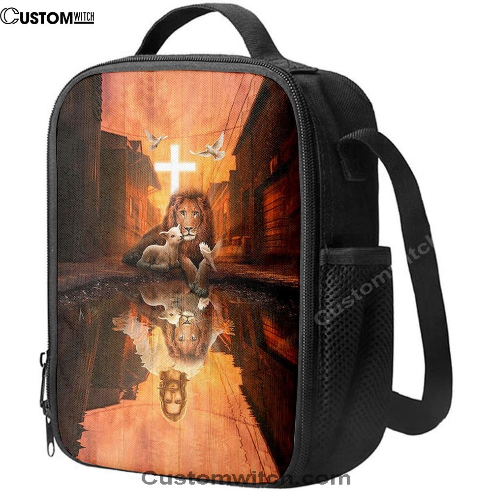 Lion Of Judah Lamb Of God Jesus's Reflection Light Cross Lunch Bag - Lion Lunch Bag, Bible Verse Lunch Bag For Men And Women