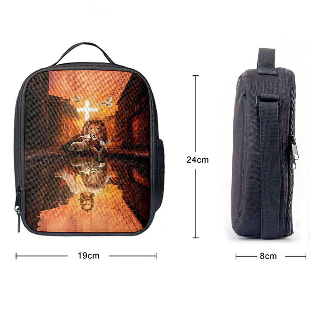 Lion Of Judah Lamb Of God Jesus's Reflection Light Cross Lunch Bag - Lion Lunch Bag, Bible Verse Lunch Bag For Men And Women