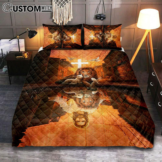 Lion Of Judah Lamb Of God Jesus's Reflection Light Cross Quilt Bedding Set - Lion Quilt Bedding Set Print - Christian Bedroom - Religious Home Decor