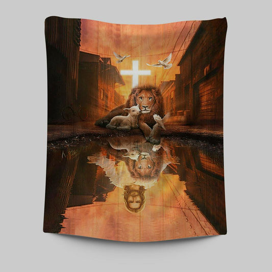 Lion Of Judah Lamb Of God Jesus's Reflection Light Cross Tapestry - Lion Tapestry Print - Christian Wall Art - Religious Home Decor