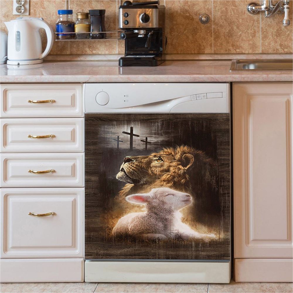 Lion Of Judah Lamb Of God The Rugged Crosses Dishwasher Cover, Lion Dishwasher Wrap, Christian Kitchen Decoration