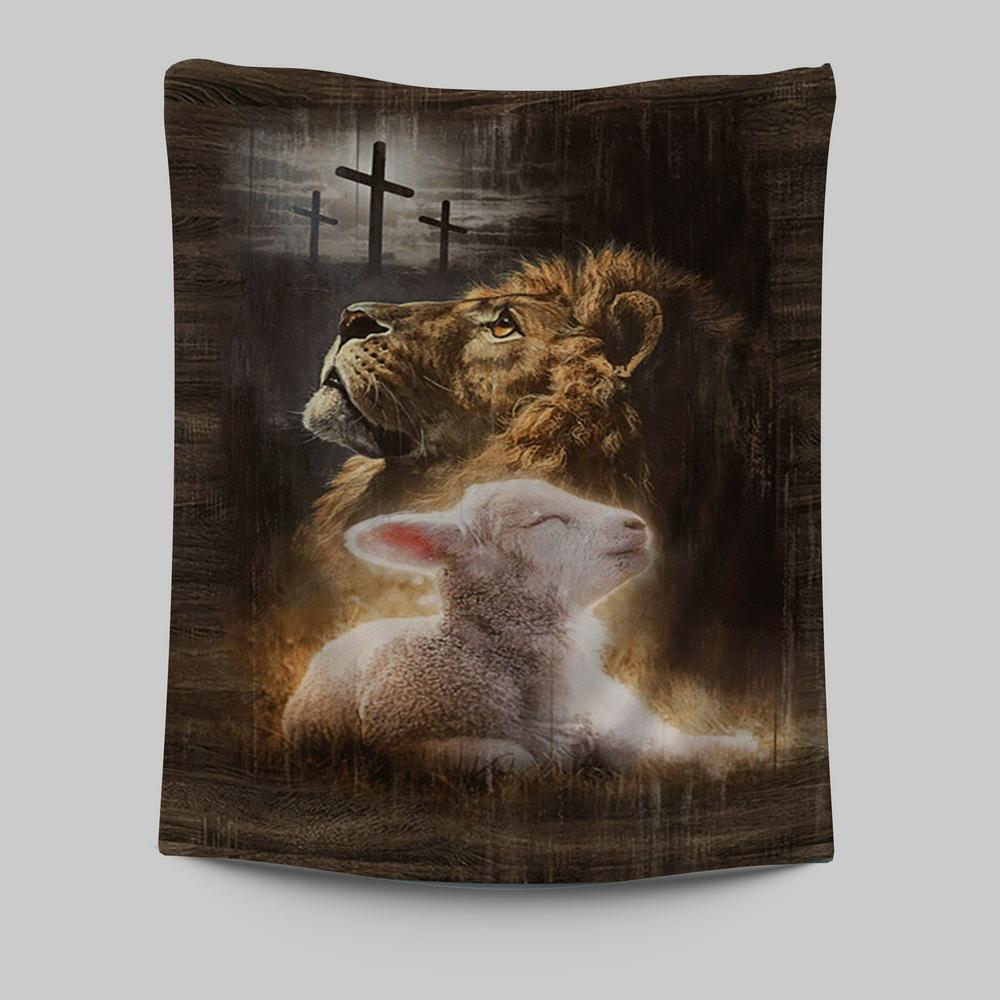 Lion Of Judah Lamb Of God The Rugged Crosses Tapestry - Lion Tapestry Print - Christian Wall Art - Religious Home Decor