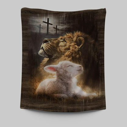 Lion Of Judah Lamb Of God The Rugged Crosses Tapestry - Lion Tapestry Print - Christian Wall Art - Religious Home Decor