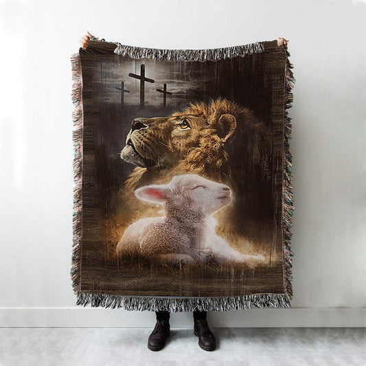 Lion Of Judah Lamb Of God The Rugged Crosses Woven Blanket - Lion Woven Blanket Print - Christian Throw Blanket - Religious Home Decor