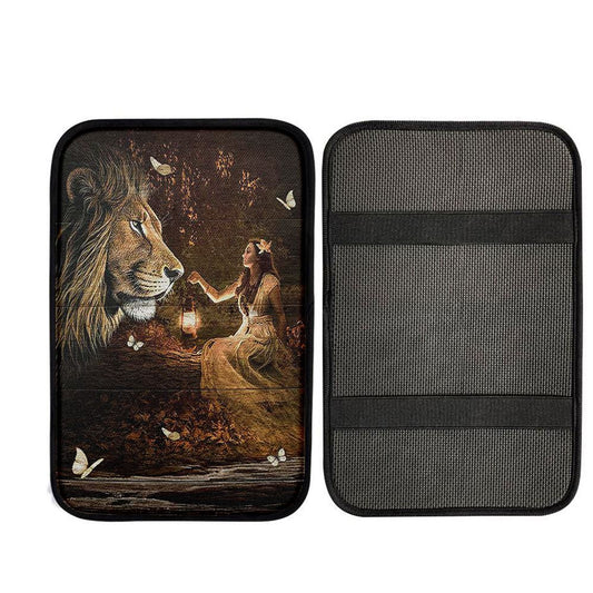 Lion Of Judah Pretty Girl White Butterfly Car Armrest Pad - Lion Car Center Console Cover, Christian Gift Car Armrest Pad
