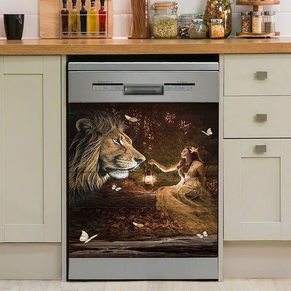 Lion Of Judah Pretty Girl White Butterfly Dishwasher Cover, Lion Dishwasher Wrap, Christian Kitchen Decoration