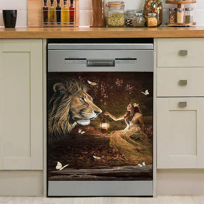 Lion Of Judah Pretty Girl White Butterfly Dishwasher Cover, Lion Dishwasher Wrap, Christian Kitchen Decoration