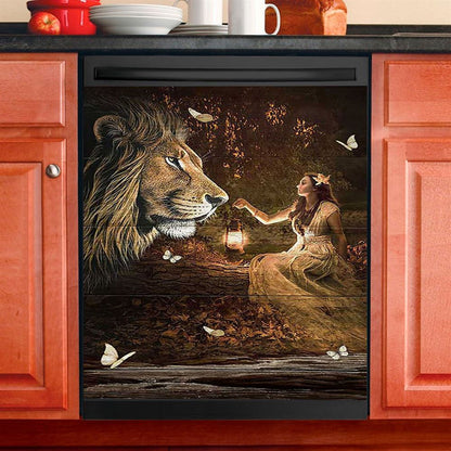 Lion Of Judah Pretty Girl White Butterfly Dishwasher Cover, Lion Dishwasher Wrap, Christian Kitchen Decoration