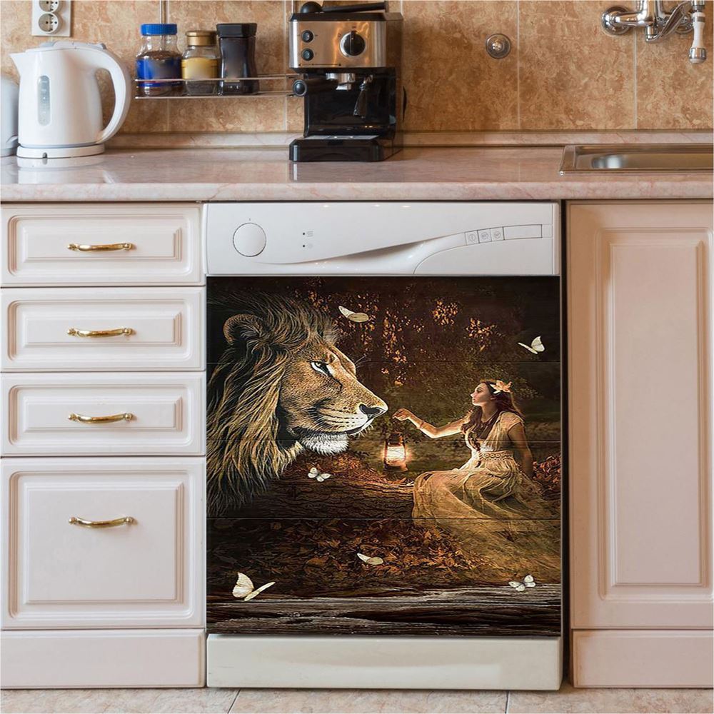 Lion Of Judah Pretty Girl White Butterfly Dishwasher Cover, Lion Dishwasher Wrap, Christian Kitchen Decoration