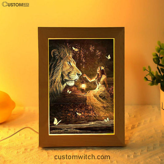 Lion Of Judah Pretty Girl White Butterfly Frame Lamp - Lion Frame Lamp Print - Christian Art - Religious Home Decor