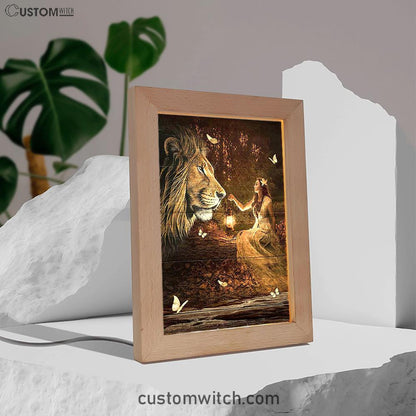 Lion Of Judah Pretty Girl White Butterfly Frame Lamp - Lion Frame Lamp Print - Christian Art - Religious Home Decor