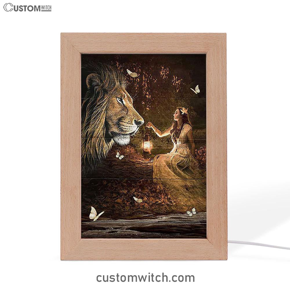 Lion Of Judah Pretty Girl White Butterfly Frame Lamp - Lion Frame Lamp Print - Christian Art - Religious Home Decor