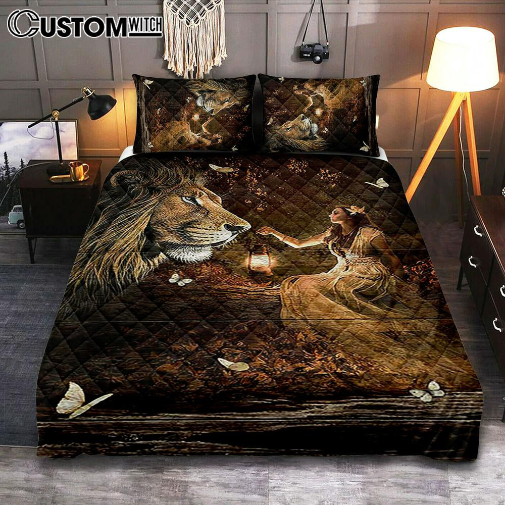 Lion Of Judah Pretty Girl White Butterfly Quilt Bedding Set - Lion Quilt Bedding Set Print - Christian Bedroom - Religious Home Decor