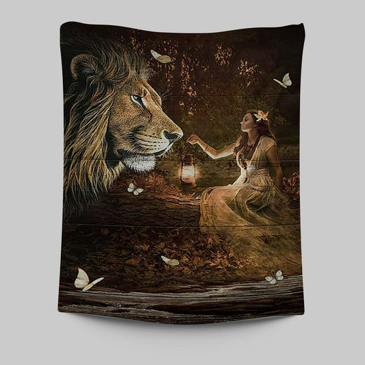 Lion Of Judah Pretty Girl White Butterfly Tapestry - Lion Tapestry Print - Christian Wall Art - Religious Home Decor