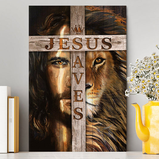 Lion Of Judah Wooden Cross Jesus Saves Canvas - Lion Canvas Print - Christian Wall Art - Religious Home Decor
