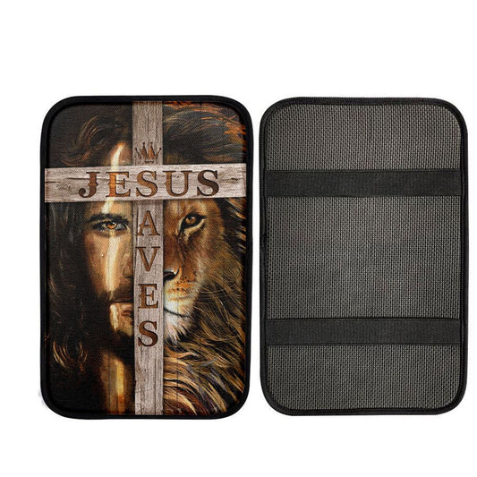 Lion Of Judah Wooden Cross Jesus Saves Car Armrest Pad - Lion Car Center Console Cover, Christian Gift Car Armrest Pad
