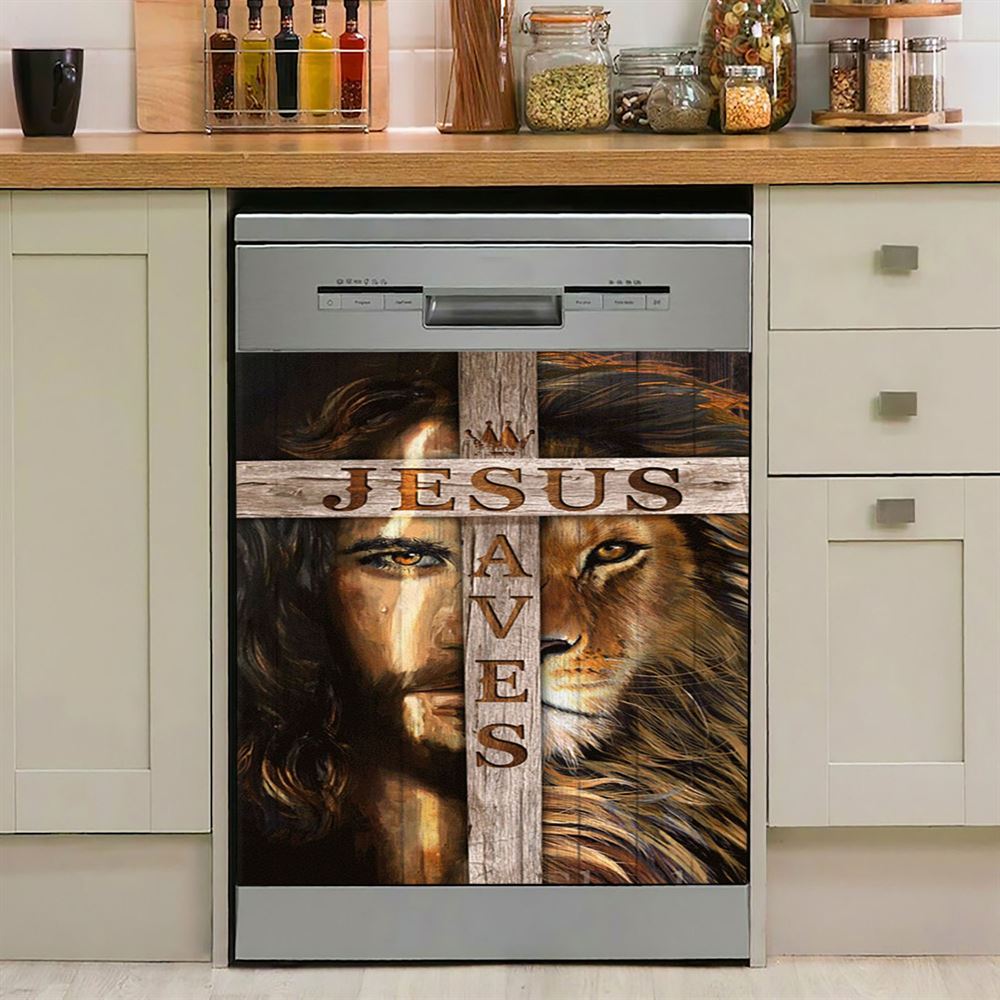 Lion Of Judah Wooden Cross Jesus Saves Dishwasher Cover, Lion Dishwasher Wrap, Christian Kitchen Decoration