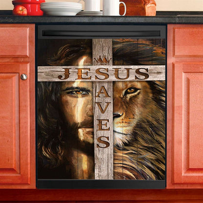 Lion Of Judah Wooden Cross Jesus Saves Dishwasher Cover, Lion Dishwasher Wrap, Christian Kitchen Decoration