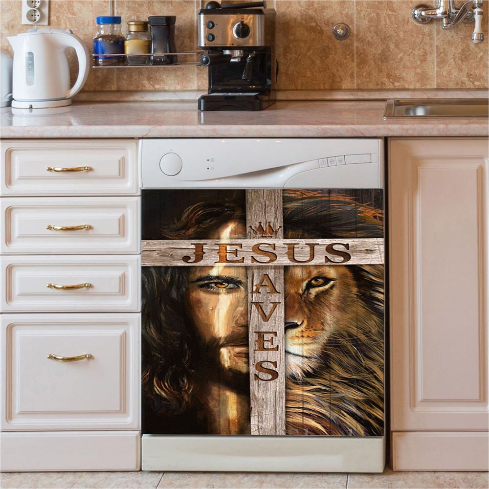 Lion Of Judah Wooden Cross Jesus Saves Dishwasher Cover, Lion Dishwasher Wrap, Christian Kitchen Decoration