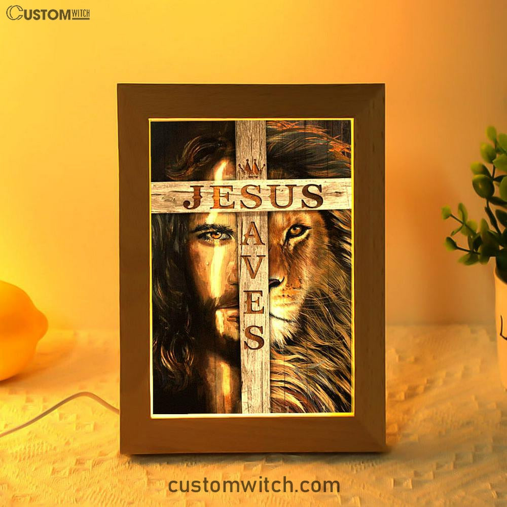 Lion Of Judah Wooden Cross Jesus Saves Frame Lamp - Lion Frame Lamp Print - Christian Art - Religious Home Decor