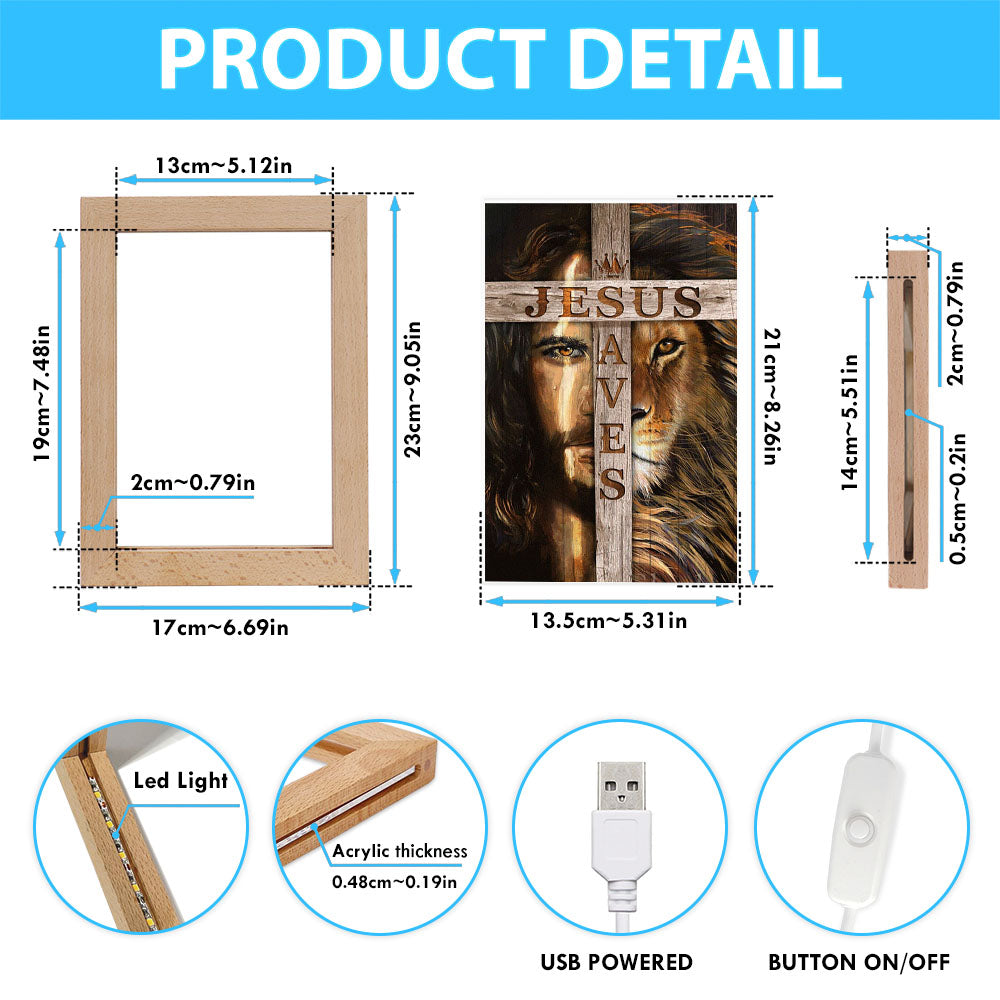 Lion Of Judah Wooden Cross Jesus Saves Frame Lamp - Lion Frame Lamp Print - Christian Art - Religious Home Decor